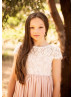 Ivory Eyelash Lace Dusty Blush Chiffon Sweet Flower Girl Dress